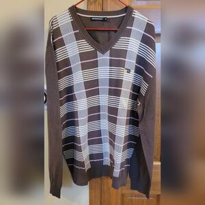 NWOT MEN'S ROSASEN DRESSY V-NECK SWEATER BROWN PINK PLAID PULLOVER LONG SLV XXL